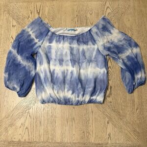 Alice + Olivia‎ Alta Blue And White Tie Dye Silk Peasant Top XS Off The Shoulder